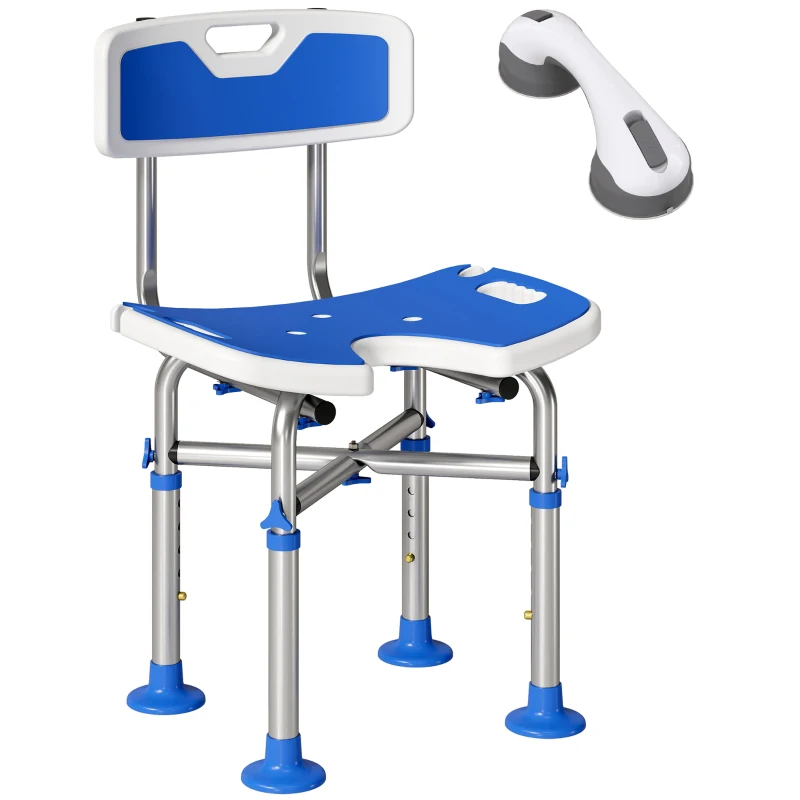 HOMCOM Silla Ducha Personas Mayores Antideslizante con Respaldo Altura Ajustable Soporte para Alcachofa Carga 150 kg Azul
