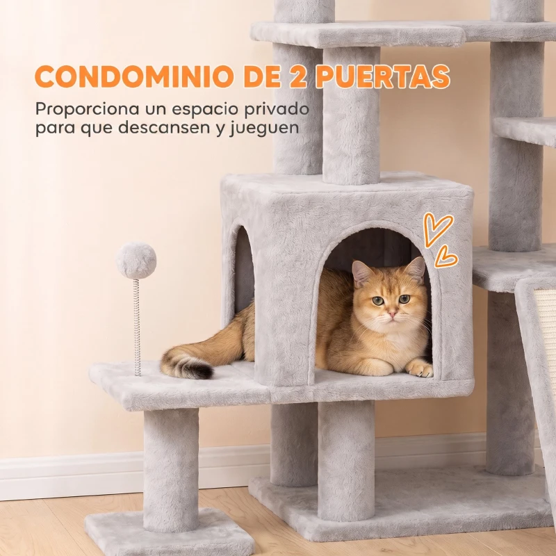 PawHut Árbol Rascador para Gatos 152 cm Multinivel con Cueva Hamaca Cama Escalera Rascadora 4 Postes de Sisal Bolas Gris Claro