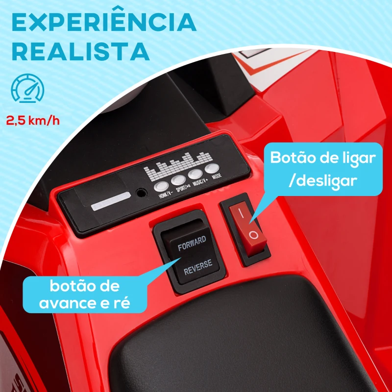 HOMCOM Quadriciclo Elétrico para Crianças com Reboque Bateria 6V de 18-36 Meses com Velocidade 2,5 km/h 106x41,5x48,5 cm Vermelho