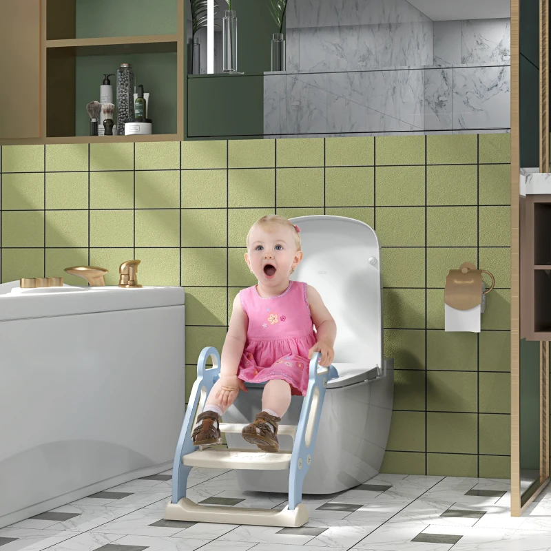 ZONEKIZ Reductor WC cu Scară Pliabilă, Mânere Laterale și Pernă Detașabilă, 67.9x42.8x51.5 cm, Albastru