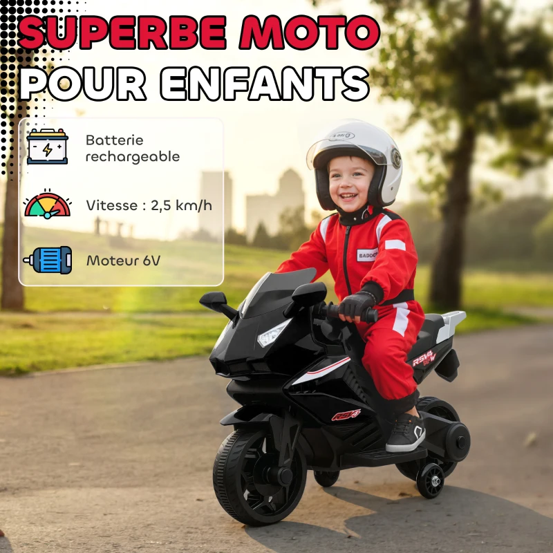 AIYAPLAY Moto électrique enfants, moto à batterie 6 V avec effets lumineux et sonores, roues d'entraînement, 75x36x49cm, noir