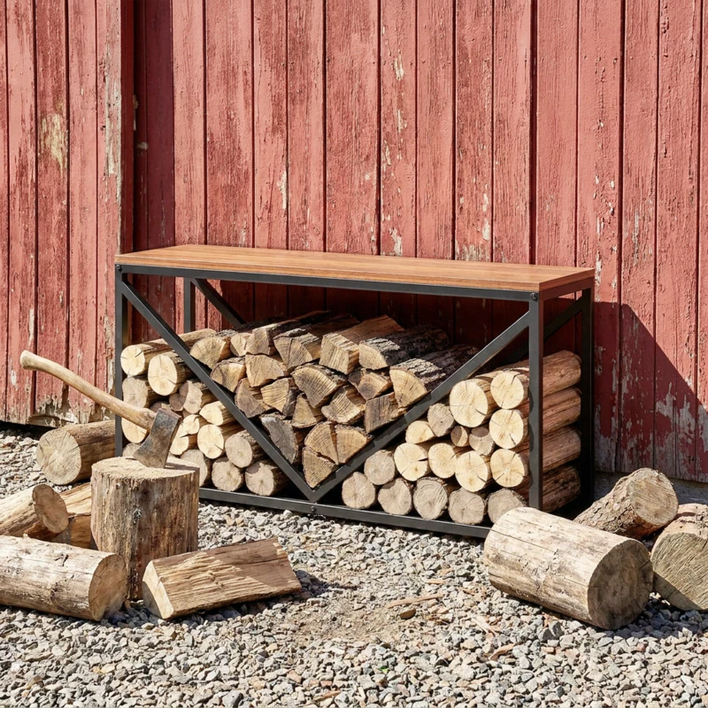Outsunny 2-in-1 Kaminholzregal für innen 98 x 28 x 50 cm erhöhtes Brennholzregal mit Ablage Trennwand Beistelltisch