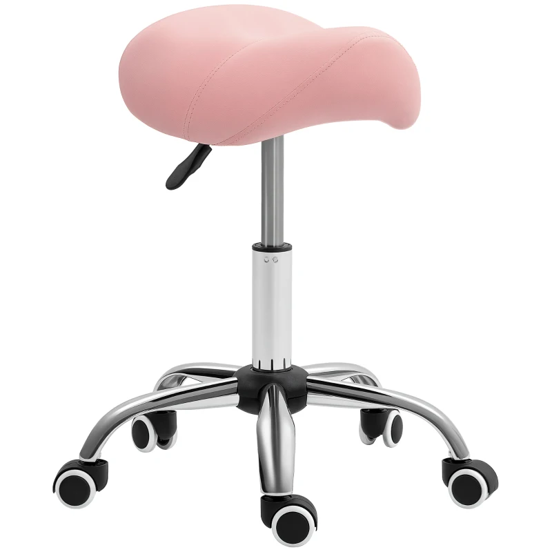 HOMCOM Rolkruk In Hoogte Verstelbaar 49-61 cm Praktijkkruk 360° Draaibaar Kruk Bureaukruk Voor Kantoor Salon Massage Spa Roze