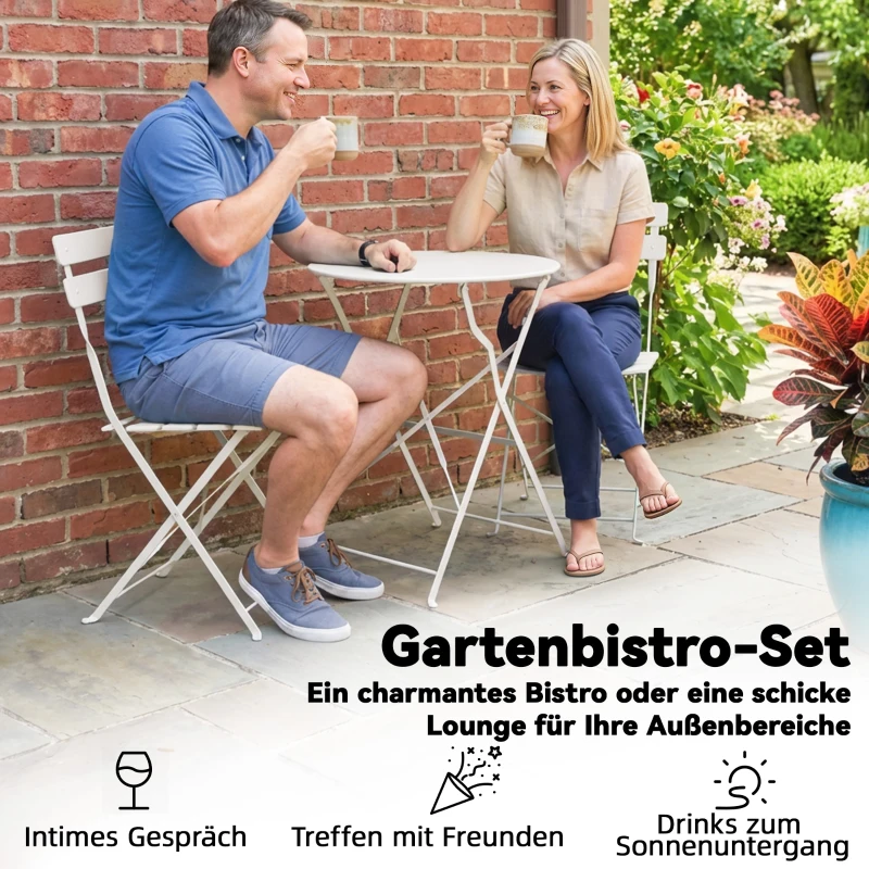 Outsunny 3-teiliges Garten Bistro Set Klappbar Bistrotisch mit 2 Stühlen Lamellen-Sitz Doppelt X-Beine Cremeweiß