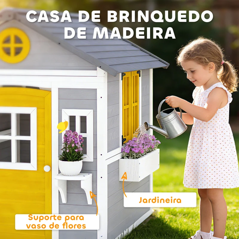 Outsunny Casa de Madeira Infantil com Porta Janelas Floreiras e Prateleiras Casa de Brincar de Madeira 112x126x135 cm Cinzento