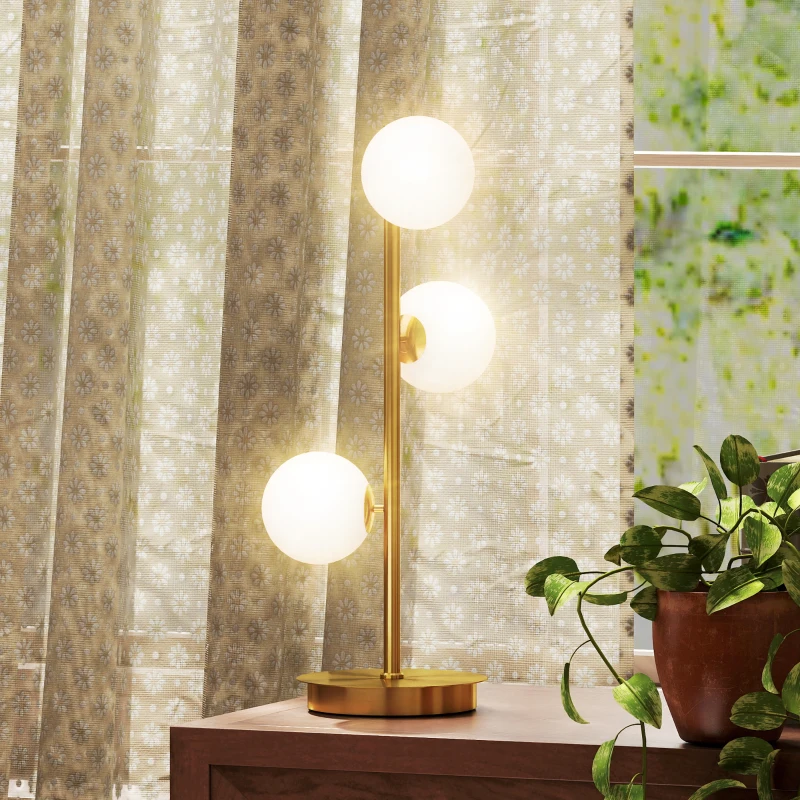 HOMCOM Lampe de chevet avec 3 abat-jours globe, lampe de table moderne avec base en acier et douilles G9, 53H cm, ton laiton