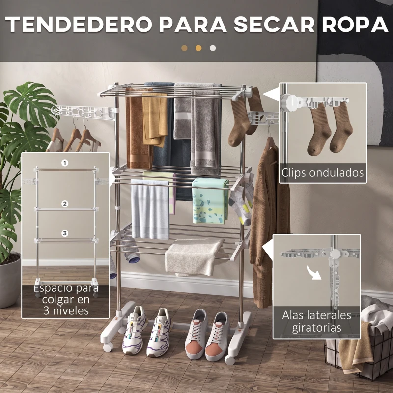 HOMCOM Tendedero Vertical Plegable Tendedero de Ropa con 6 Ruedas 2 Laterales Abatibles Estantes Ajustables y Marco de Acero Inoxidable para Interior y Exterior Plata
