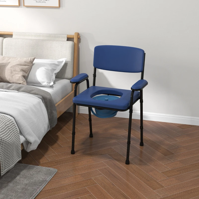 HOMCOM Sedia Comoda 5 in 1 per Anziani e Disabili per WC e Doccia, Altezza Regolabile e Secchio Rimovibile, Blu