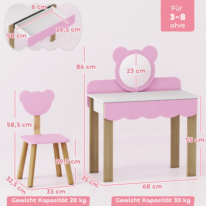 AIYAPLAY Kaptafel-set met kruk voor kinderen, schminkspiegel, berenvorm, lade, MDF, Roze