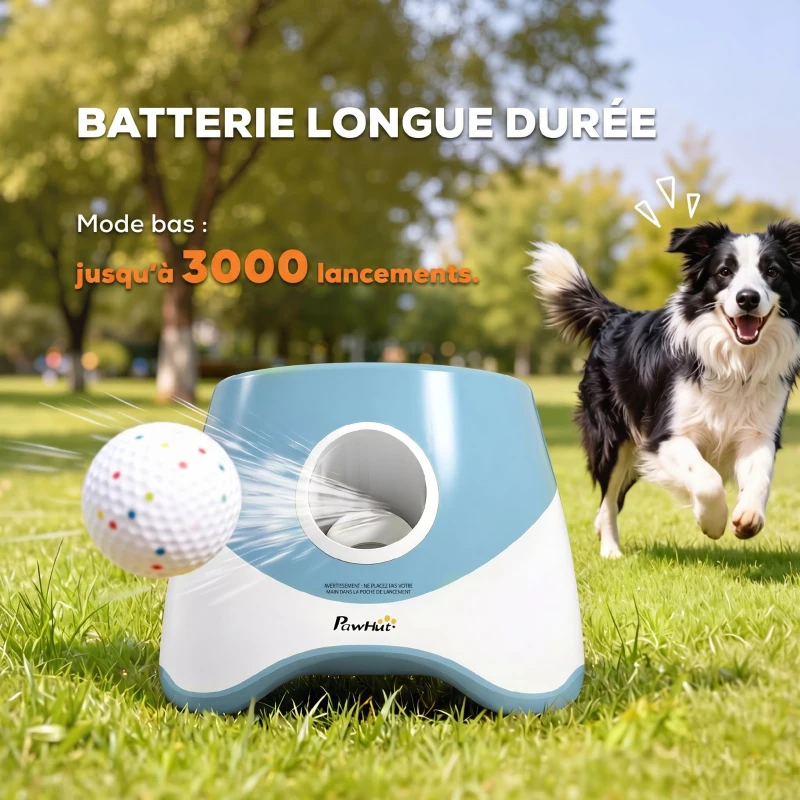 PawHut Lanceur de Balles Automatique avec 3 Balles en ETPU, 3 Réglages de Distance 6m/10m/14m, Intérieur et Extérieur, Bleu