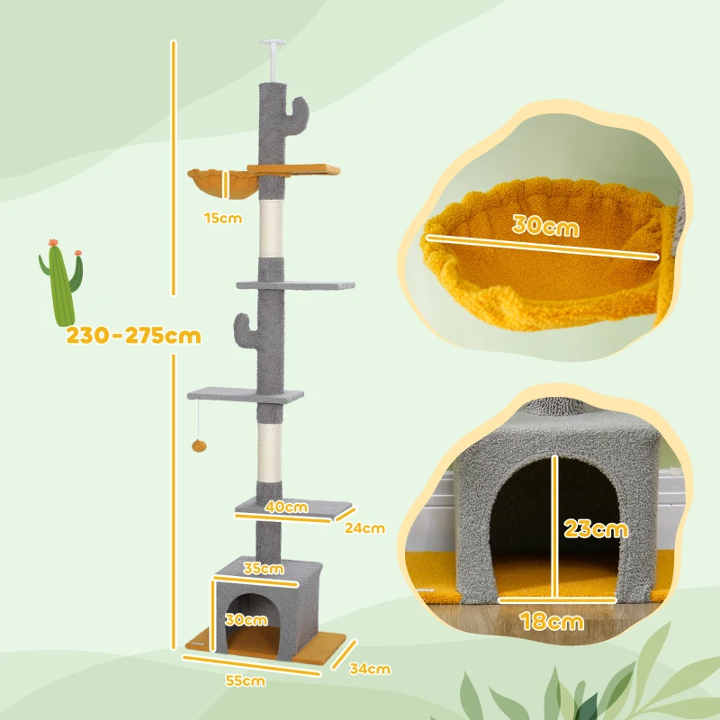 PawHut Arbre à chat, hauteur 275 cm, 6 niveaux pour chat d'intérieur, du sol au plafond, avec plate-formes, niche, gris clair