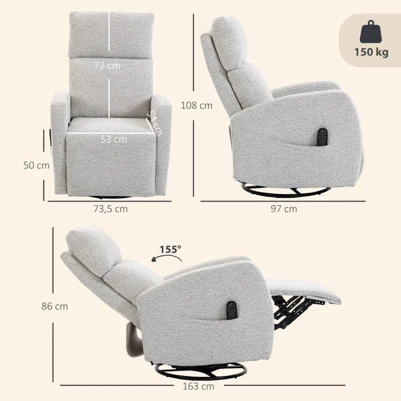 HOMCOM Fauteuil inclinable de massage et chauffage, fauteuil de relaxation en chenille, dossier réglable, pivotant 360°, crème