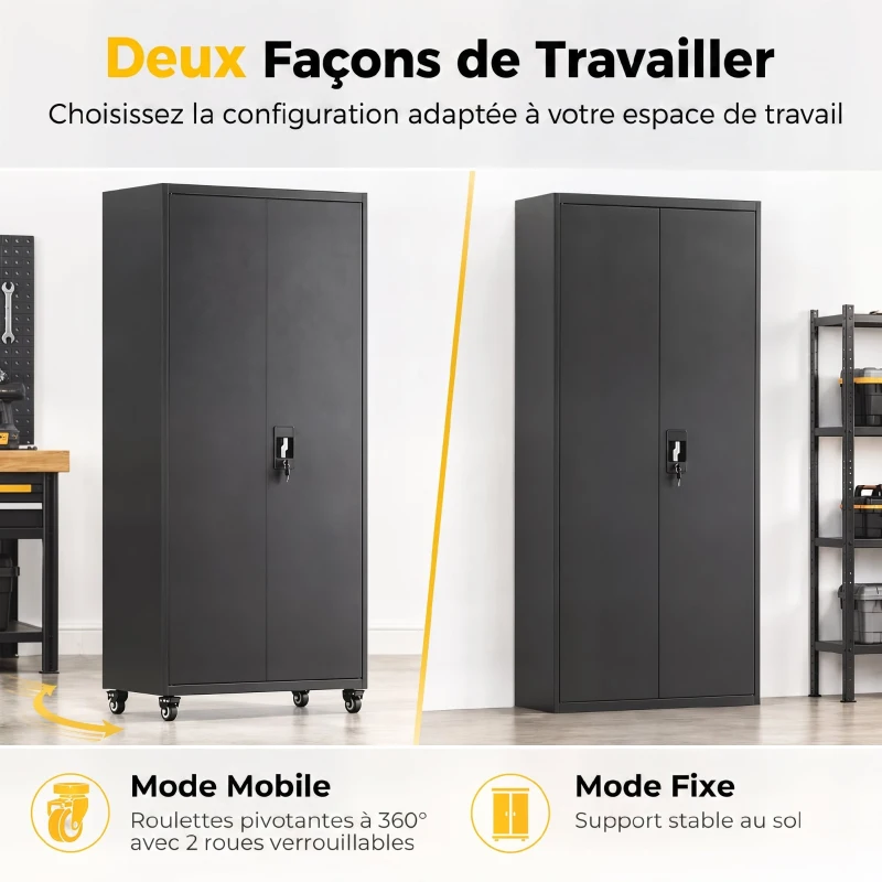 HOMCOM Armoire de Bureau Métallique, 80 x 40 x 180 cm, Meuble de Rangement sur Roulettes en Acier avec Serrure, Noir