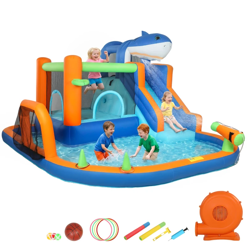 AIYAPLAY Inflatable Bouncy Castle for Kids, Sharks Theme Jumping Bounce House with Slide, Climbing Wall for Indoor Outdoor