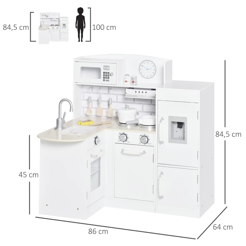 HOMCOM Speelkeuken met 14-delig Accessoireset, Elektrische Waterdispenser, 86 x 64 x 84,5 cm, Wit