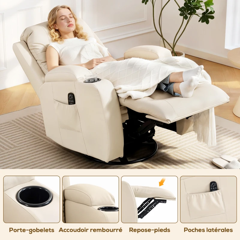 HOMCOM Fauteuil inclinable de massage et chauffage, fauteuil de relaxation, dossier réglable, pivotant 360°, 82x99x103cm, crème