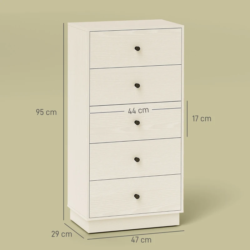 HOMCOM Commode 5 tiroirs, meuble de rangement haut et étroit, style moderne pour chambre à coucher, salon - 47x29x95cm, crème