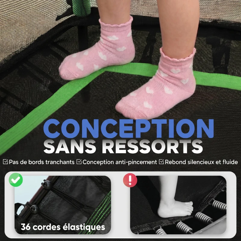 HOMCOM Trampoline pour enfant 1,22 x 1,11 x 1,9 m filet de sécurité porte zippée 6 poteaux rembourrés inclus vert noir