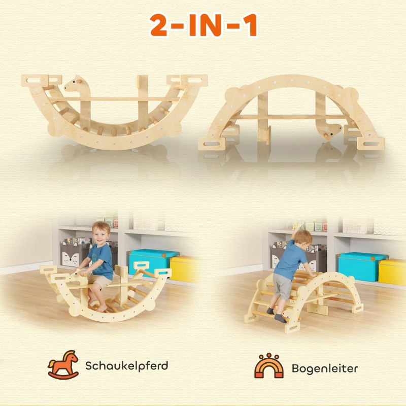 AIYAPLAY Montessori klimrek voor binnen, 2 in 1 klimboog van hout, voor kinderen 2-4 jaar, 110x52x45 cm, naturel hout