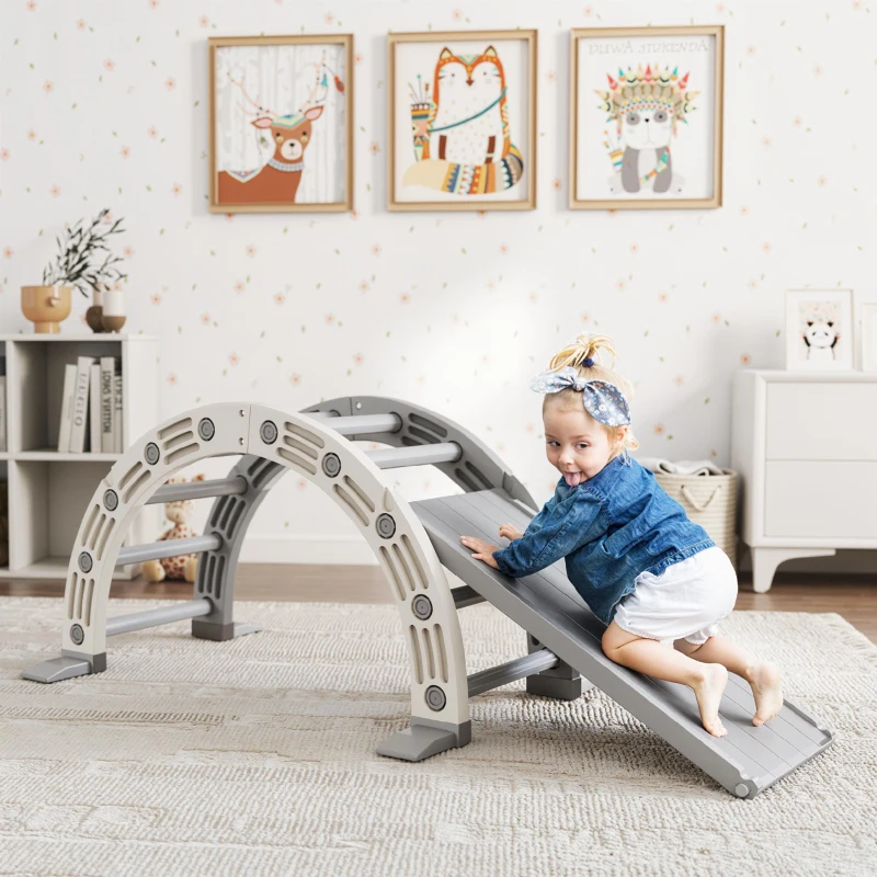 AIYAPLAY Escalada para Niños de 18-48 Meses 4 en 1 con Arco de Escalada Mecedora Rampa y Tobogán 164x70x57 cm Gris y Blanco