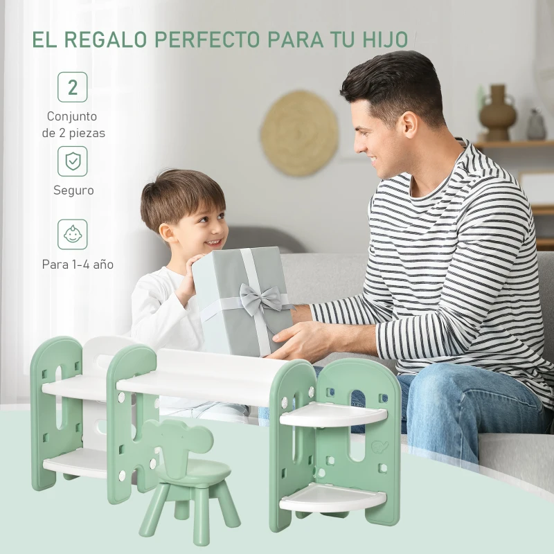 HOMCOM Juego de Mesa y Silla para Niños Pupitre Infantil 2 en 1 con 4 Estantes de Almacenaje para Libros Juguetes 150x35x62,5 cm Verde y Blanco