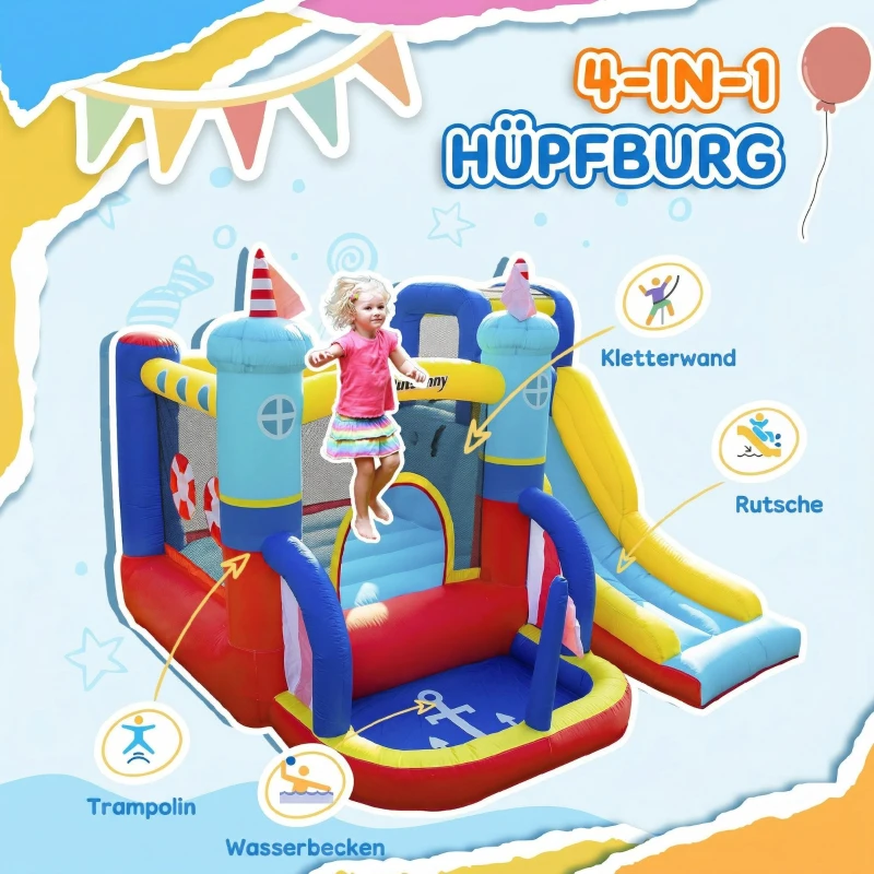 Outsunny Aufblasbare Hüpfburg mit Gebläse Wasserpark für Kinder aufblasbare Rutsche Indoor und Outdoor Kletterwand Trampolin mit Tragetasche für Kinder von 3 bis 8 Jahren 265 x 260 x 200 cm