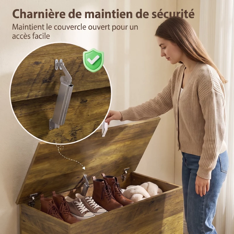 HOMCOM Coffre de Rangement, Banc de Rangement avec Couvercle Rabattable et Charnières de Sécurité, 80 x 40 x 45 cm, Marron