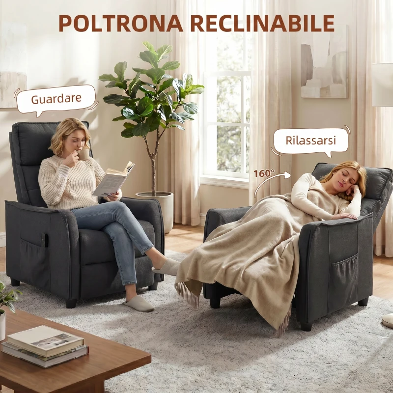 HOMCOM Poltrona Massaggiante e Reclinabile a 160° con Poggiapiedi e Telecomando, 69x93x104 cm, Effetto Lino Grigio Scuro