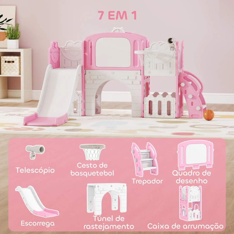 AIYAPLAY Escorrega Infantil 7 em 1 para Crianças Tema de Sapo com Aro de Basquetebol Túnel Quadro Telescópio de Brincar Trepador 176x150x94 cm Rosa