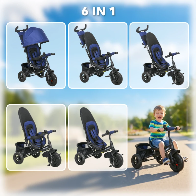 HOMCOM 6 in 1 Kids Trike with Parent Handle, Canopy, 5-point Seat Belt, Storage, Footrest, Brake, for 1-5 Years, Dark Blue