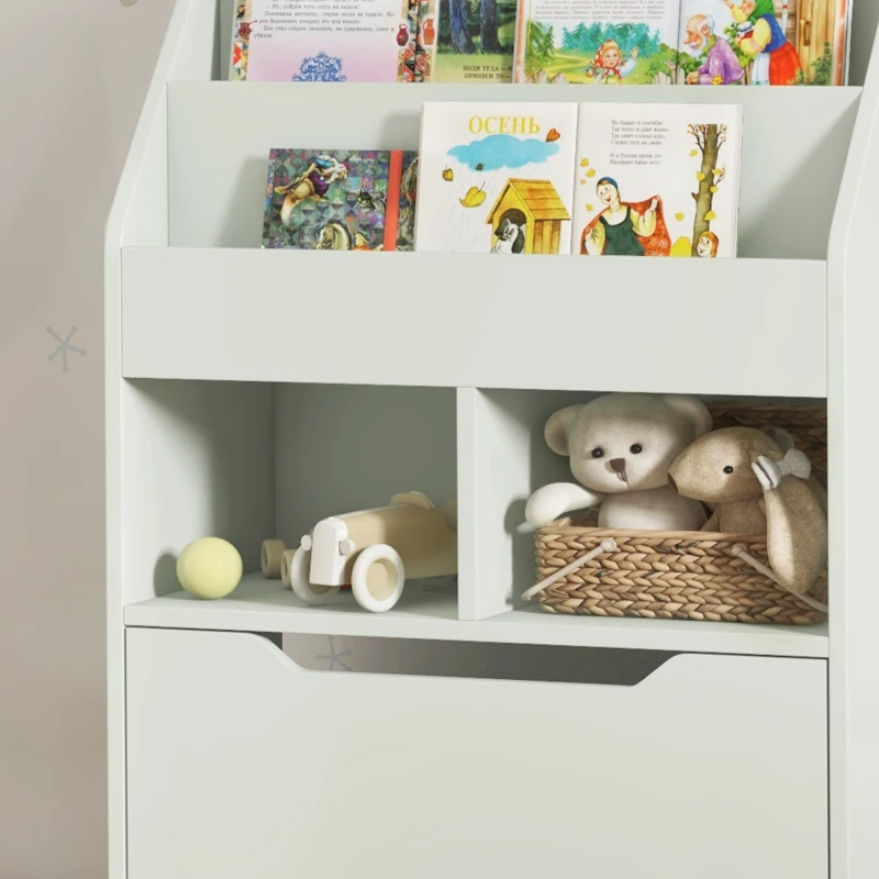HOMCOM Estantería Infantil de Madera con 3 Compartimentos 2 Cubos y Cajón Móvil con 4 Ruedas 60x29,9x90 cm Verde