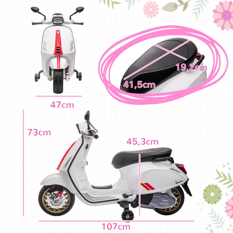 AIYAPLAY Moto Elettrica per Bambini a Licenza Vespa con Rotelle, Fanale e Musica, in PP e Metallo, 107x47x73 cm, Bianco