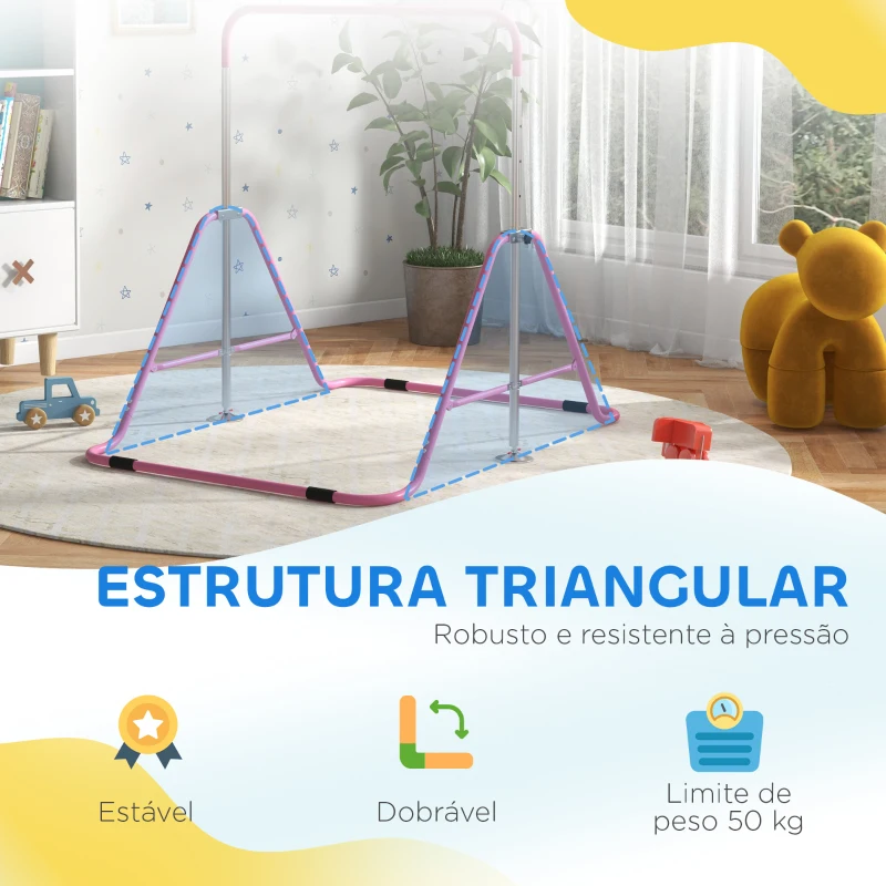 HOMCOM Barra de Ginástica para Crianças Dobrável com Altura Ajustável para Treino em Casa 154x106,2x88,5-128,5 cm Rosa