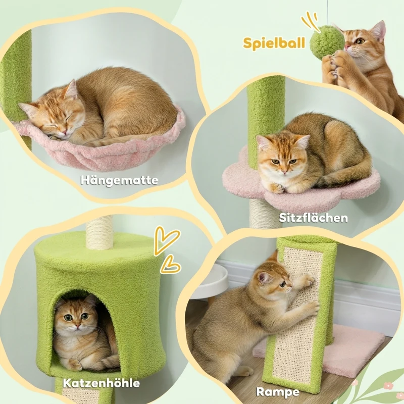 PawHut Krabpaal met kattenhuisje, hangmat, verstelbare hoogte en stoffen bekleding, groen