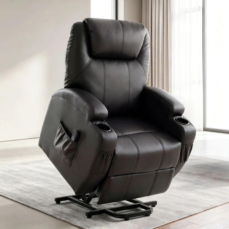 HOMCOM Elektrische sta-op-stoel van kunstleer, relaxfauteuil met afstandsbediening, USB-oplader, bekerhouder en zijvakken, zwart