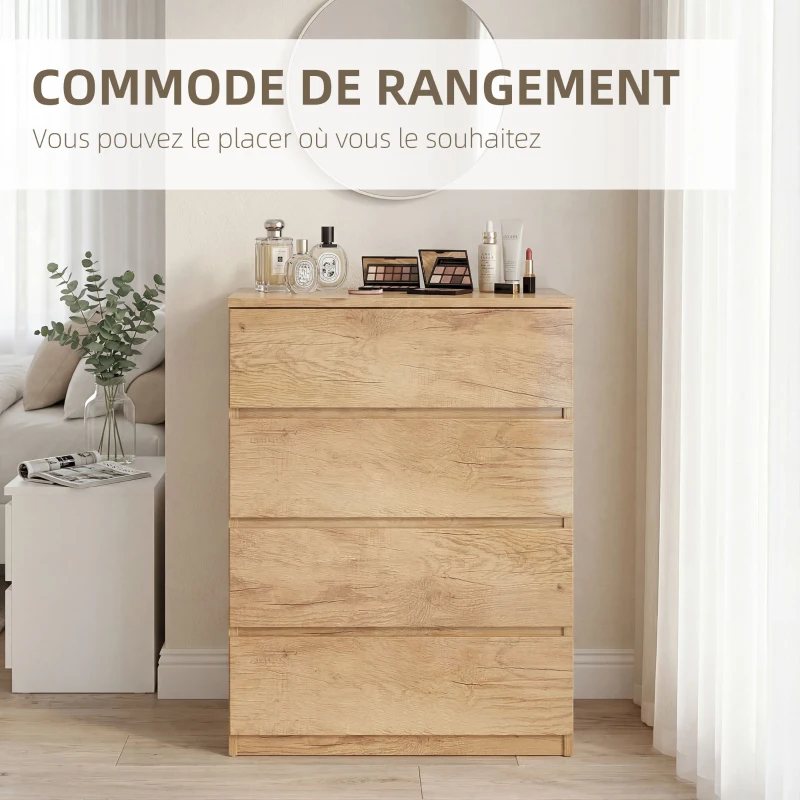 HOMCOM Commode 4 tiroirs meuble de rangement sans poignées design minimaliste 60 x 40 x 80 cm naturel
