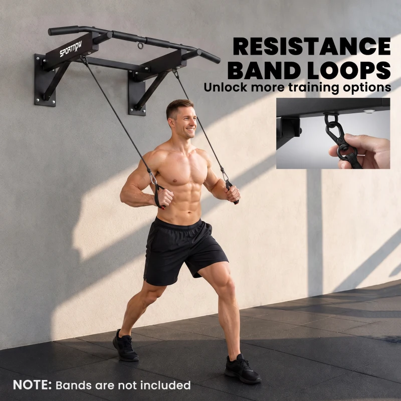 SPORTNOW Pull Up Bar Wall Mounted Chin Up Bar with Folding Design, 3 Hooks for Resistance Bands, Supports up to 120 kg, Black
