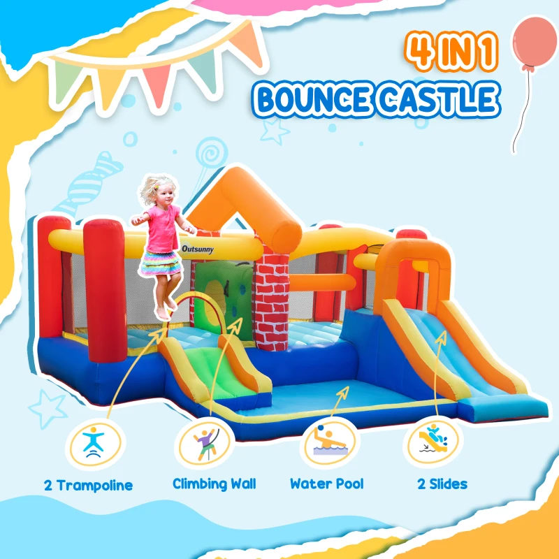 Outsunny Kids Bouncy Castle with Double Slides Pool Trampoline Climbing Wall w/ Blower