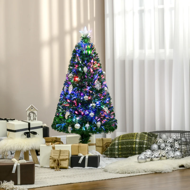 HOMCOM Sapin de Noël Artificiel Lumineux 120H cm Fibre Optique LED Multicolore + Support Pied 130 Branches étoile Sommet Brillante Vert
