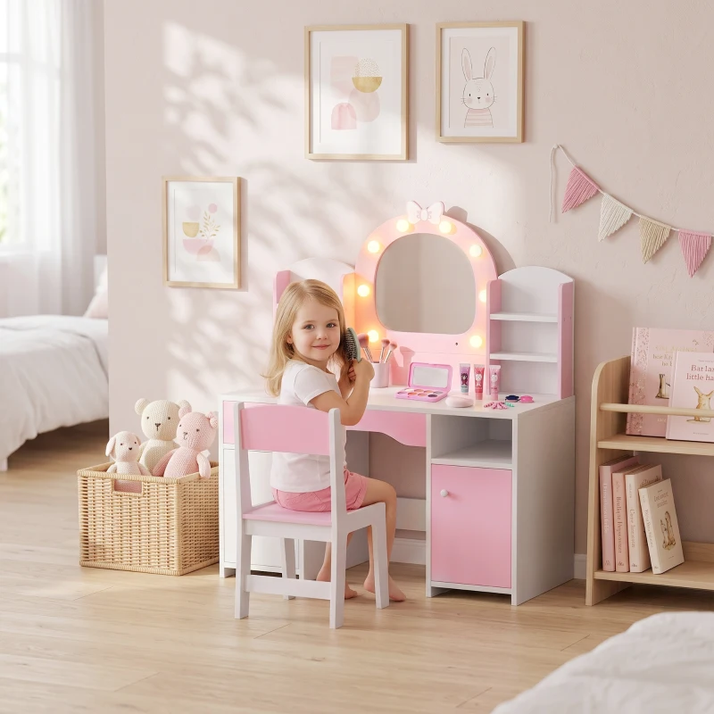 AIYAPLAY Coiffeuse pour Enfants avec Tabouret et Miroir Lumineux à 2 Couleurs en Acrylique, pour 3-8 Ans, 90 x 41 x 104 cm, Rose