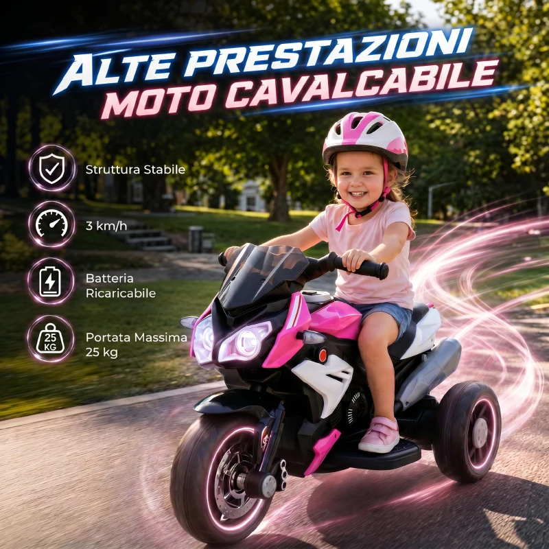 HOMCOM Moto Elettrica per Bambini 37-60 Mesi con Pedale, Fari, Musica e Clacson, 3 km/h Mini Moto, Max 25kg, Rosa