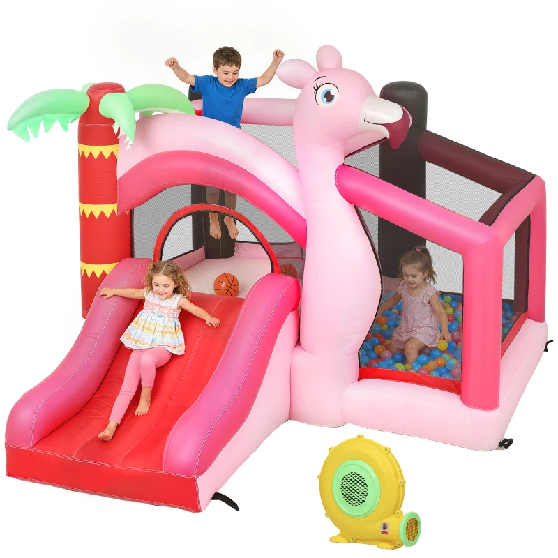 AIYAPLAY Castel Gonflabil pentru Copii cu Tobogan, Trambulină, Piscină cu Bile și Coș de Baschet, 255x230x196 cm, Roz