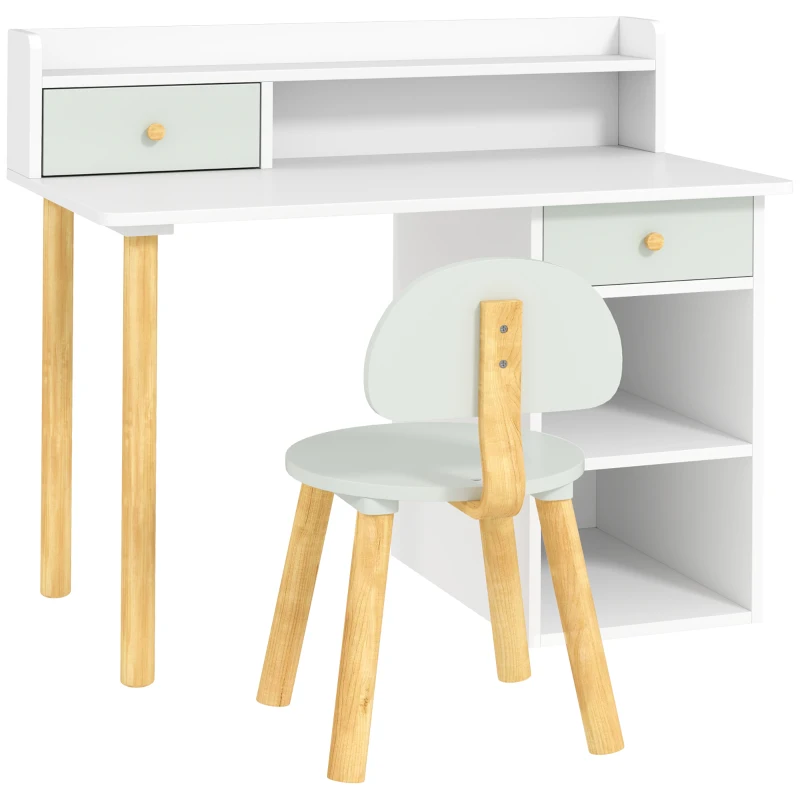 AIYAPLAY Two-Piece Children Study Table with Hutch, Kids Desk and Chair Set with Storage, Drawer, Shelves, Green