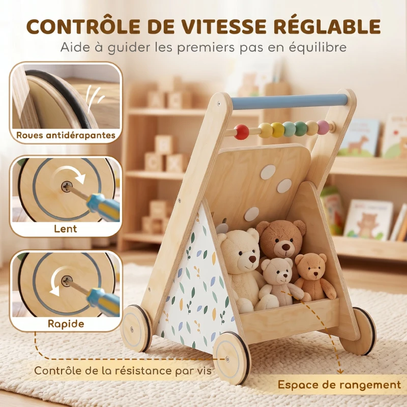 AIYAPLAY Trotteur Bebe en Bois, Chariot de Marche Bébé avec Centre d'Activités, Vitesse Réglable et 5 Blocs, dès 18 Mois, Naturel
