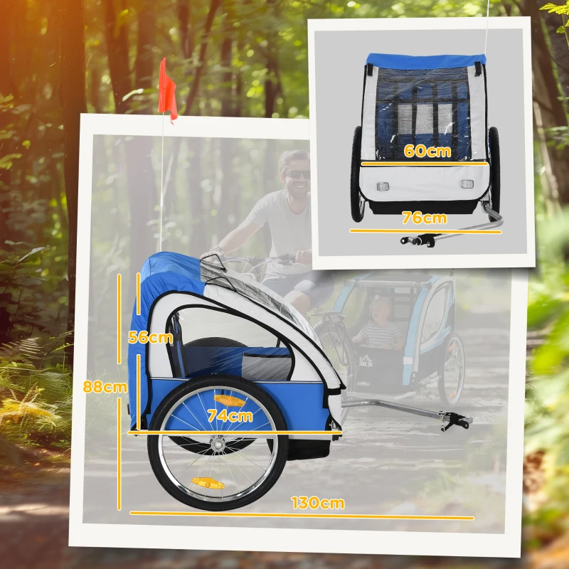 HOMCOM Rimorchio Bici Bambini con 2 Posti, 2 Cinture di Sicurezza, Telaio in Acciaio e Copertura in Tessuto Oxford Blu