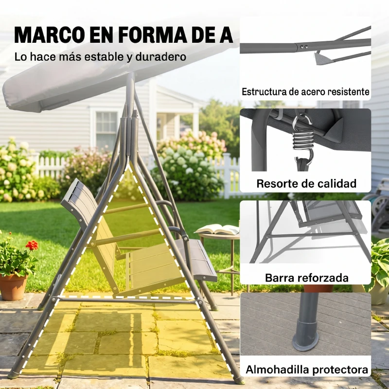 Outsunny Columpio de Jardín Exterior de 3 Plazas con Toldo Reclinable, Balancín de Jardín Exterior con Respaldo Transpirable y Marco de Acero, para Terraza Balcón, 175x118x159 cm, Gris
