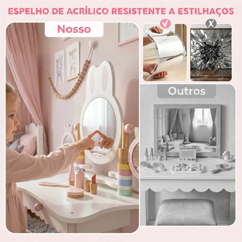 AIYAPLAY Penteadeira Infantil de Maquilhagem com Banco, Espelhos Giratórios, Gaveta e Acessórios e Bandejas, Rosa, +3 Anos