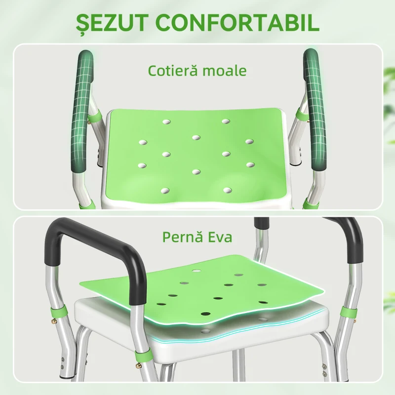 HOMCOM Scaun de duș din aluminiu, reglabil pe înălțime, cu cotiere și picioare antiderapante, verde