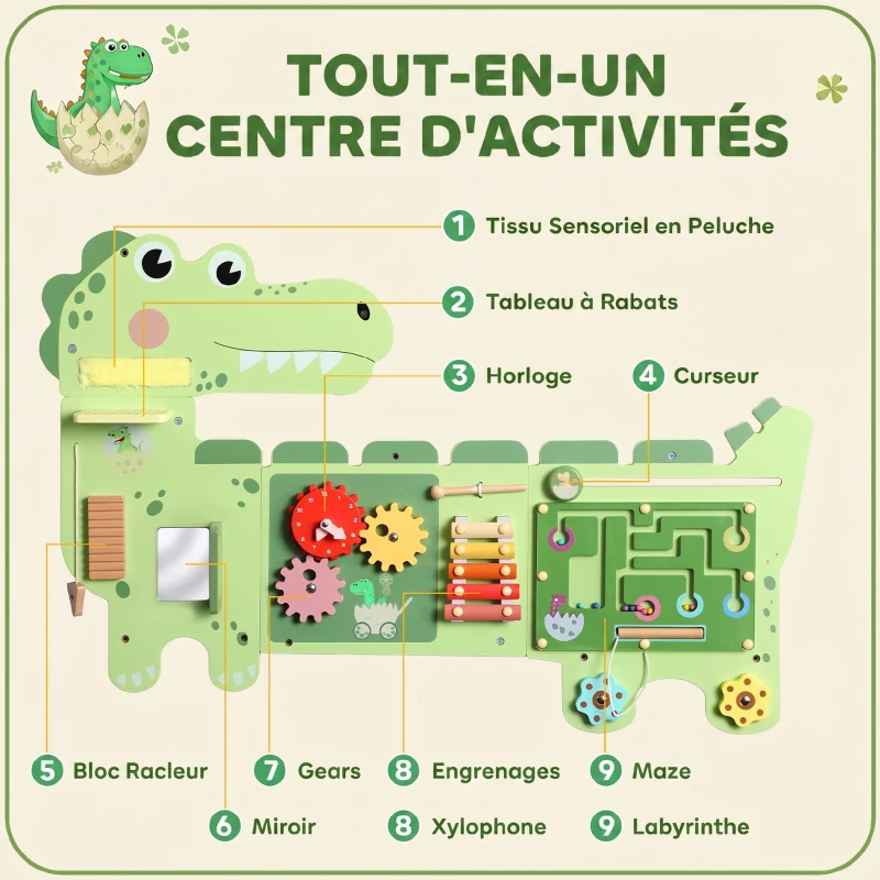 AIYAPLAY Busy Board Jouet, Tableau d'Activités Murale Dinosaure, Planche Motricité Bébé Educatif pour Garcon Fille 2+ Ans, Vert