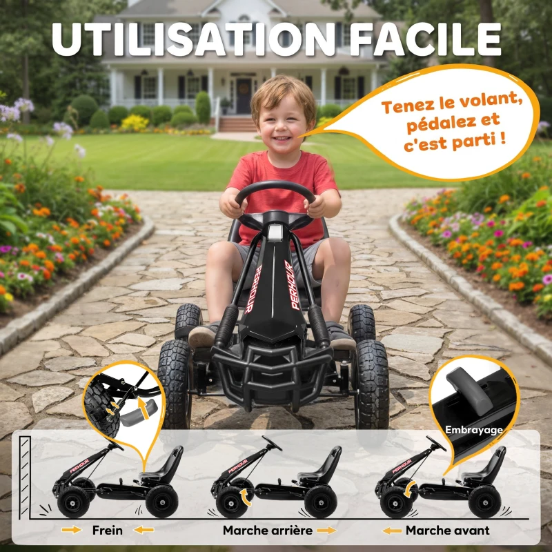 AIYAPLAY Kart à pédales Go-Kart pour enfants siège réglable pneus EVA embrayage manuel et frein 110 x 61 x 62 cm noir